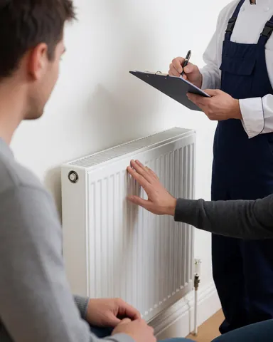 Cliente satisfaisante touchant un radiateur blanc neuf, technicien vérifiant le travail avec un dossier, mur blanc propre, scène d'installation de chauffage.