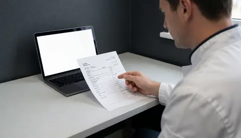 Technicien examinant une facture de réparation de ventilateurs sur une table propre avec des murs gris et un ordinateur portable ouvert à côté.