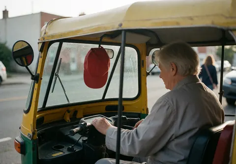 Un conducteur âgé pilote un moto-taxi jaune sur une rue calme, une casquette rouge suspendue au rétroviseur, sous une lumière matinale douce.