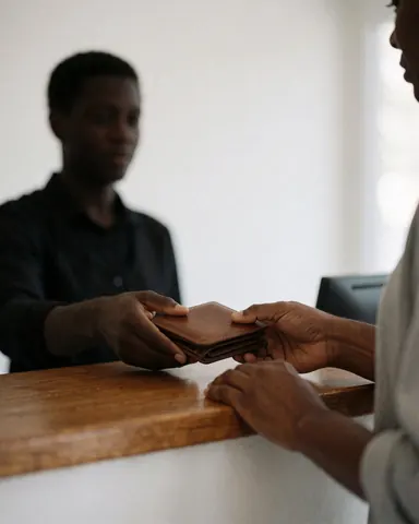 Des mains tendent un portefeuille en cuir sur une table en bois poli, avec un arrière-plan flou suggérant un environnement professionnel de réception ou de bureau.