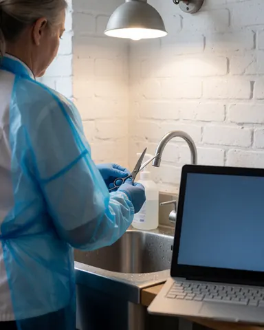 Un coiffeur portant des gants et un tablier bleu lave des ciseaux dans un évier en acier inoxydable avec du désinfectant sur un mur de briques blanches.