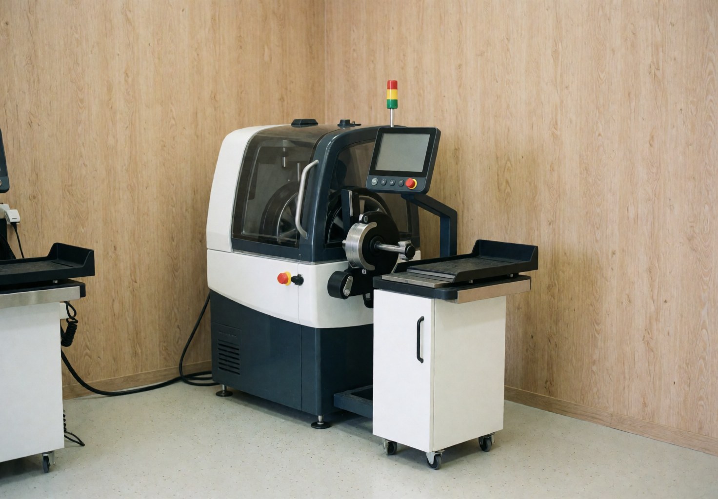Machine d'équilibrage numérique dans un atelier avec murs en bois clair et sol propre, prêt à travailler.