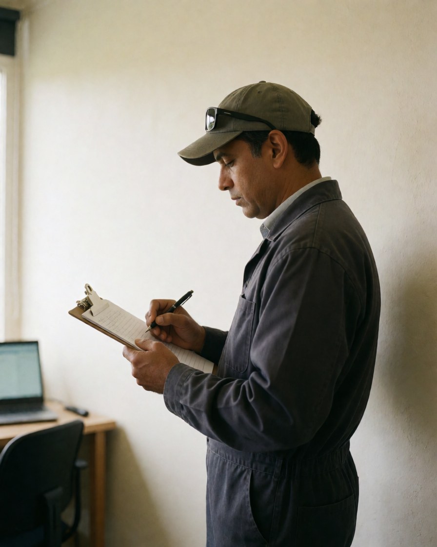 Instructeur de golf examinant des notes sur un classeur dans un environnement calme avec des murs clairs et un ordinateur portable en arrière-plan.