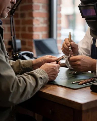 Un horloger répare une montre en cuir dans un atelier avec un mur en briques et une table de travail.