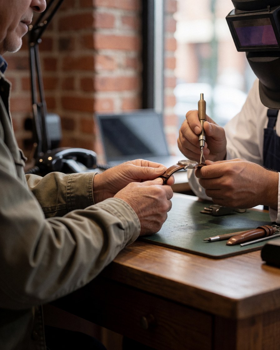 Un horloger répare une montre en cuir dans un atelier avec un mur en briques et une table de travail.