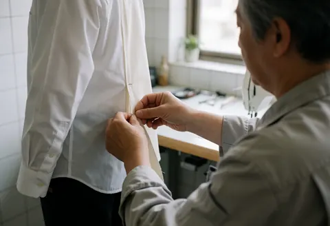 Professionnel cousant une chemise blanche avec précision dans un atelier éclairé par la lumière naturelle et des outils de couture.