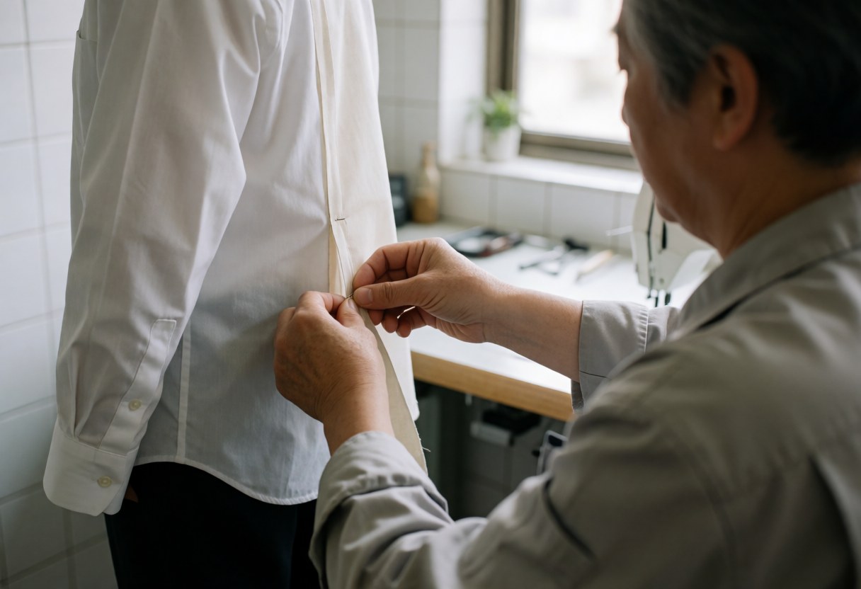 Professionnel cousant une chemise blanche avec précision dans un atelier éclairé par la lumière naturelle et des outils de couture.