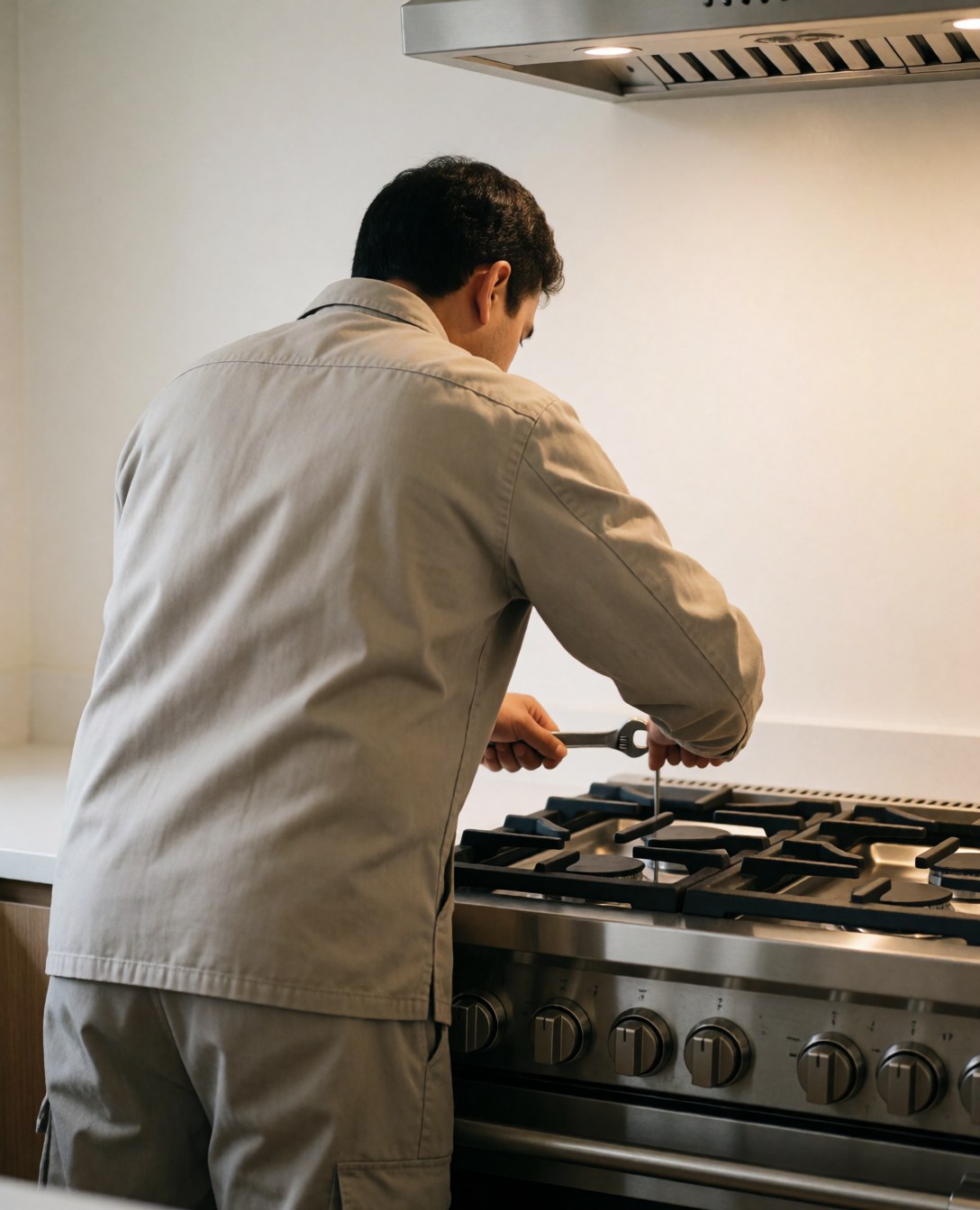 Un technicien professionnel ajuste une cuisinière à gaz à l'aide d'une clé dans une cuisine moderne.