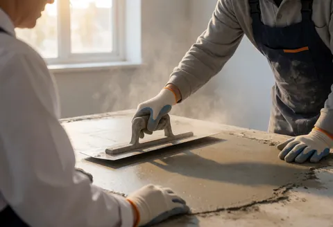 Un ouvrier portant des gants de protection lisse un plancher en béton avec une truelle métallique. La lumière naturelle entre par une fenêtre, révélant la poussière en suspension dans l'air. Le visage n'est pas visible.