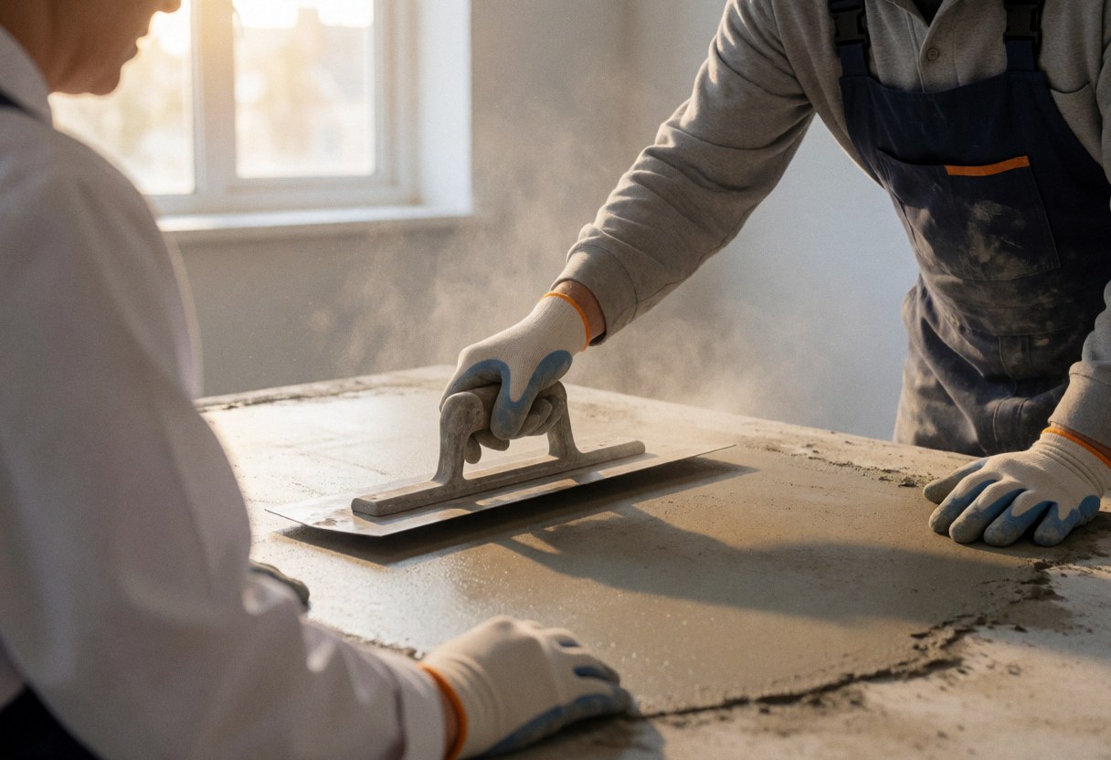 Un ouvrier portant des gants de protection lisse un plancher en béton avec une truelle métallique. La lumière naturelle entre par une fenêtre, révélant la poussière en suspension dans l'air. Le visage n'est pas visible.