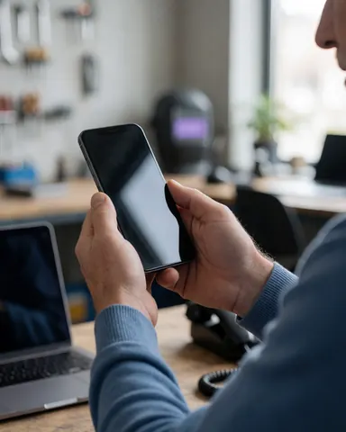 Une cliente examine attentivement son téléphone portable réparé dans un atelier de réparation, avec des outils visibles en arrière-plan.