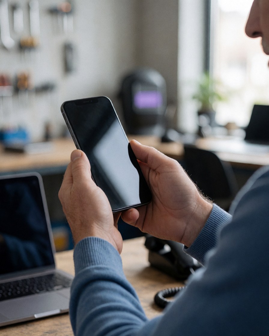 Une cliente examine attentivement son téléphone portable réparé dans un atelier de réparation, avec des outils visibles en arrière-plan.
