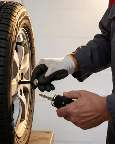 Mécanicien ganté installant un bouchon de valve sur un pneu, client tenant une clé automobile, fond blanc, service de réparation de pneus en action.