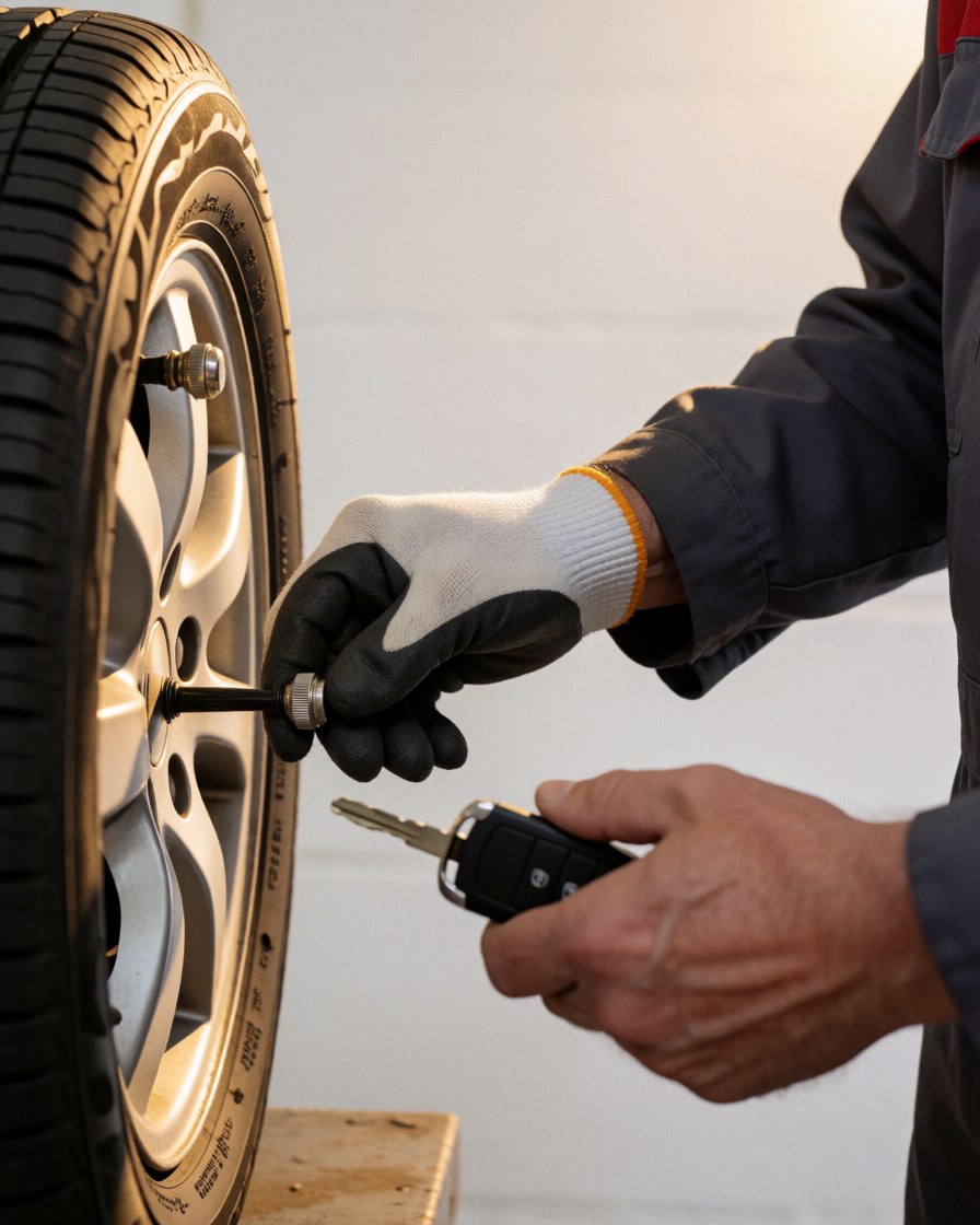 Mécanicien ganté installant un bouchon de valve sur un pneu, client tenant une clé automobile, fond blanc, service de réparation de pneus en action.