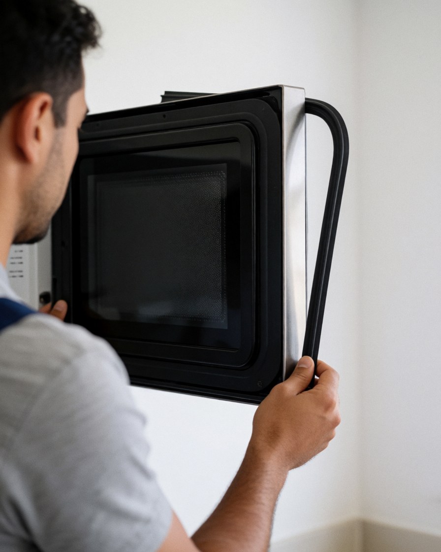 Un technicien professionnel installe un joint d'étanchéité sur la porte d'un four à micro-ondes dans un environnement clair et lumineux.