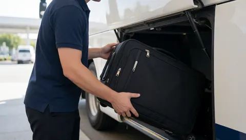 Un employé en uniforme charge une valise noire dans le compartiment à bagages d'un bus blanc dans un terminal de jour.