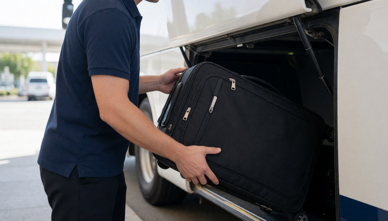 Un employé en uniforme charge une valise noire dans le compartiment à bagages d'un bus blanc dans un terminal de jour.