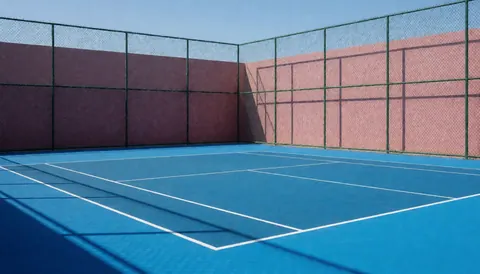 Terrain de tennis bleu avec lignes blanches fraîchement peintes, clôture en chaîne verte et murs rose pâle sous un soleil intense, idéal pour un installateur de courts de tennis.