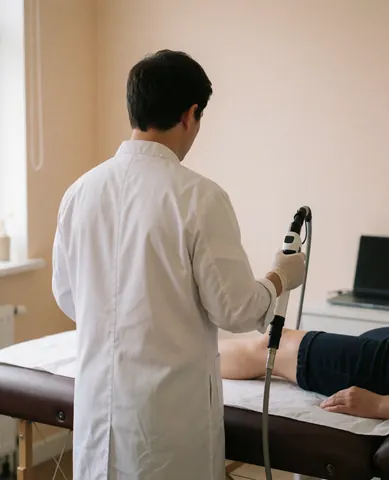 Un professionnel en blouse blanche et gants réalise un traitement au laser sur la jambe d'un client allongé sur une table dans un environnement clinique aux murs beiges.