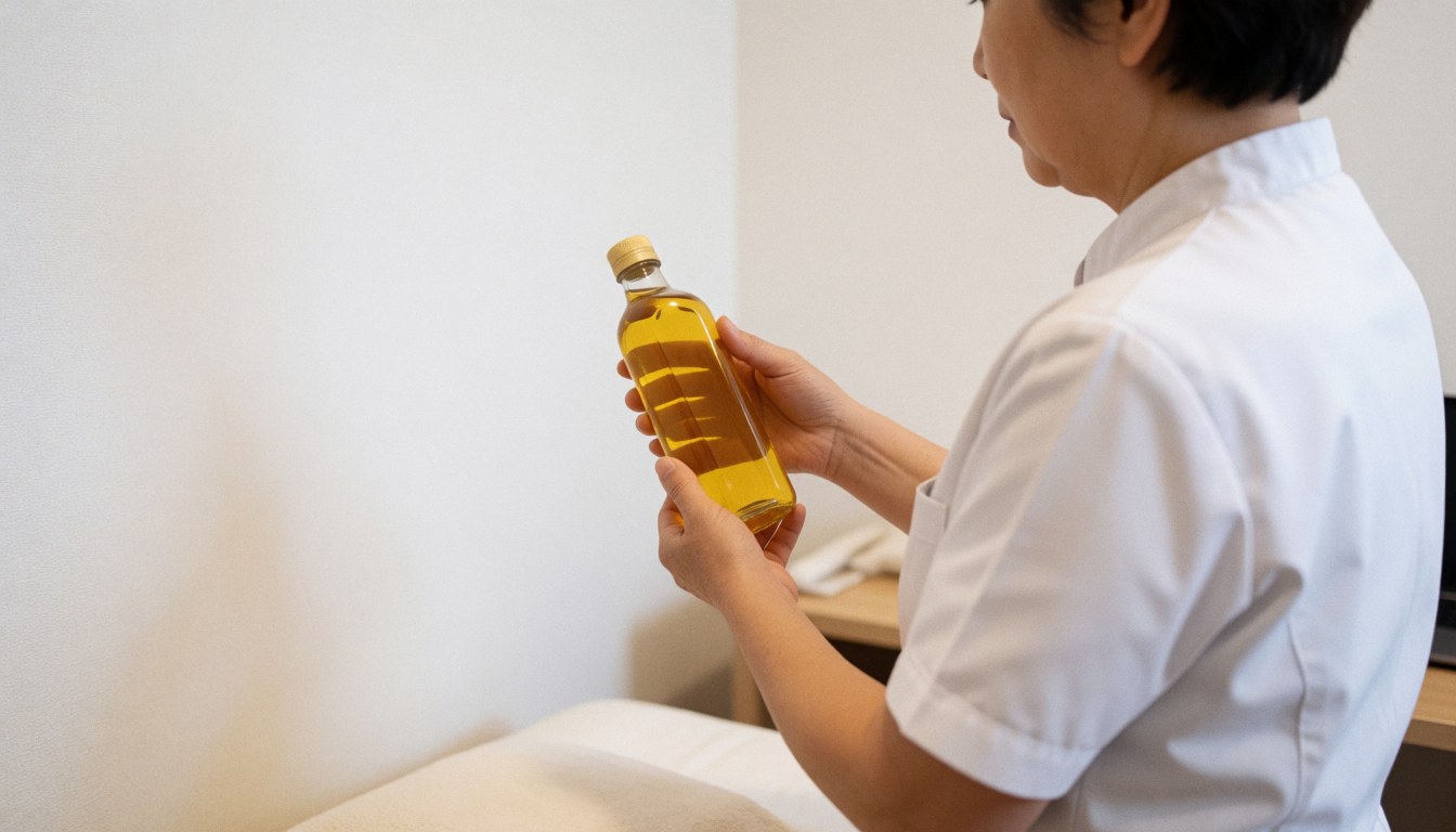 Vue de dos d'un professionnel tenant une bouteille d'huile dans une clinique ayurvédique à fond blanc avec espace pour texte