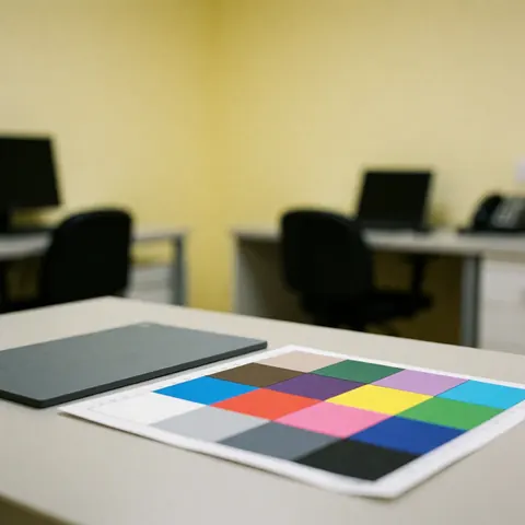 Palette de couleurs et carte grise posées sur une table dans un bureau de photographe avec des murs jaunes et des ordinateurs en arrière-plan.