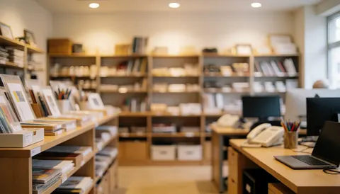Intérieur de papeterie avec étagères en bois, produits de bureau et d'artisanat, lumière chaude et espace pour texte.