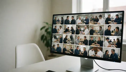 Bureau moderne avec grand moniteur montrant plusieurs personnes travaillant sur différentes tâches, chaise blanche et plante, idéal pour site web de photographe documentaire