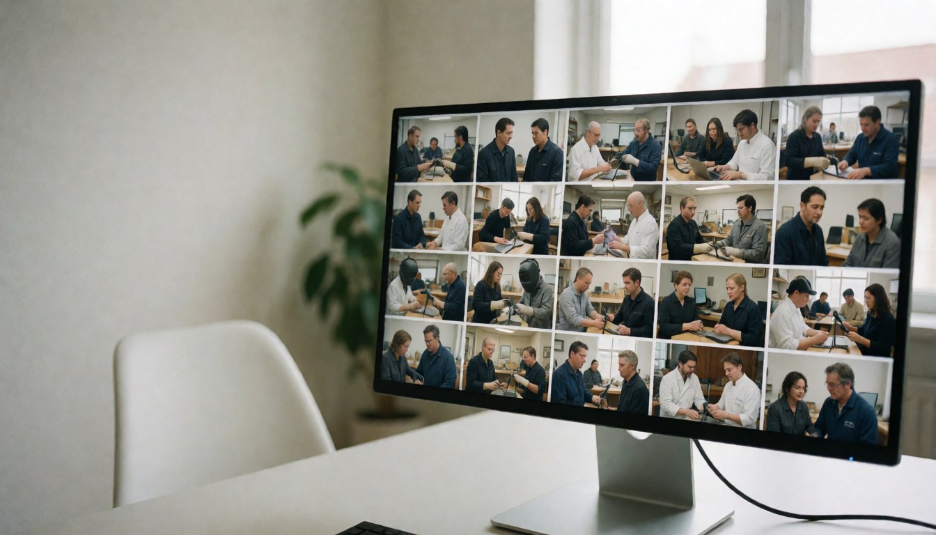 Bureau moderne avec grand moniteur montrant plusieurs personnes travaillant sur différentes tâches, chaise blanche et plante, idéal pour site web de photographe documentaire