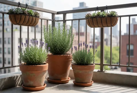 Trois pots en terre cuite contenant lavande et romarin, deux pots suspendus avec succulentes sur un balcon urbain sous un ciel dégagé, idéal pour un jardinier.