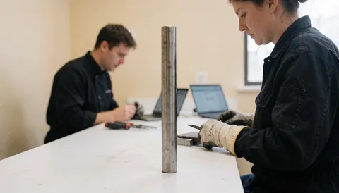 Barre en titane posée sur une table blanche dans un atelier de joaillerie avec des murs beige.