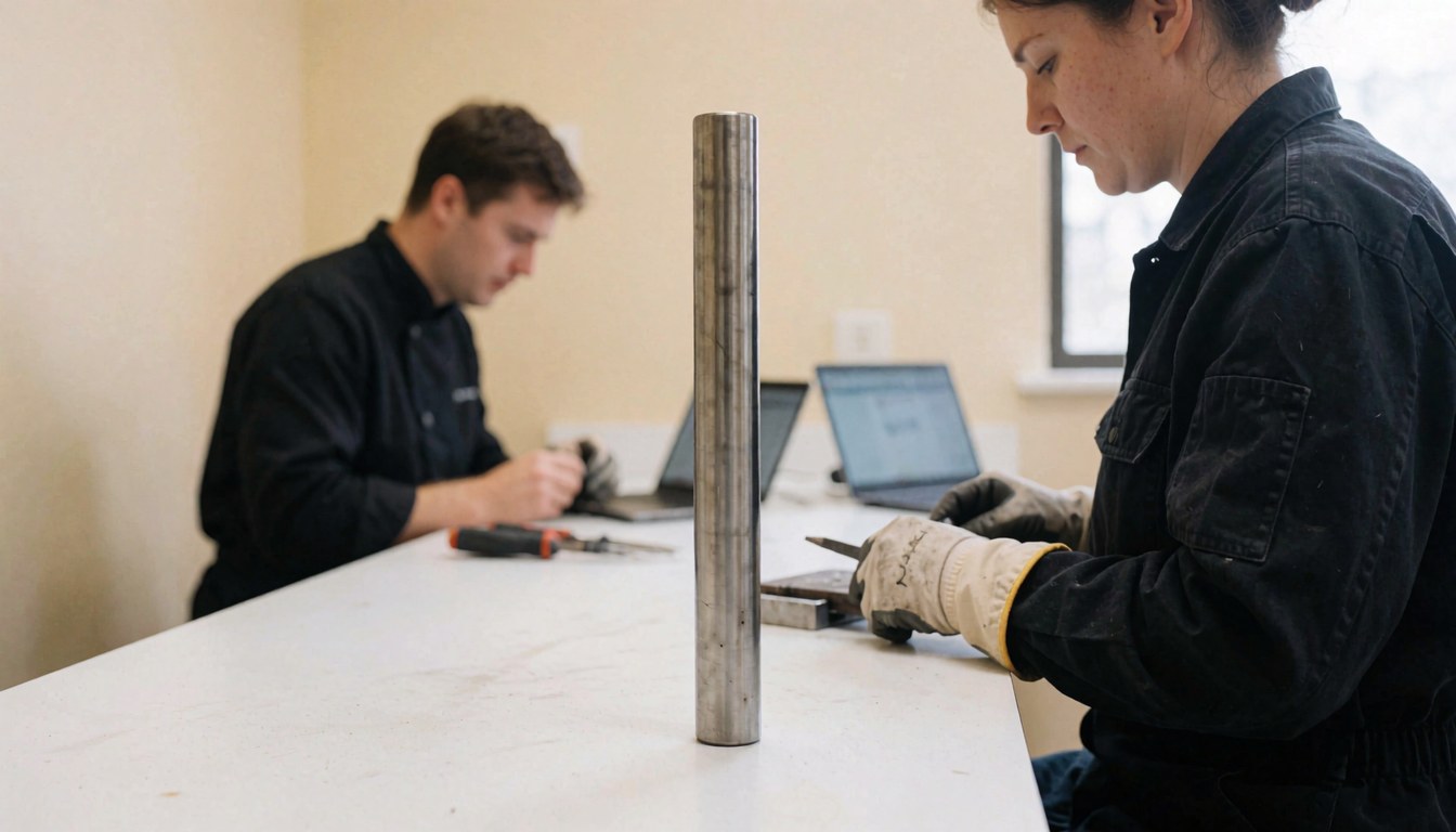 Barre en titane posée sur une table blanche dans un atelier de joaillerie avec des murs beige.