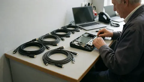 Un technicien répare un appareil électronique démonté sur une table avec des câbles USB-C et micro-USB dans un atelier bien éclairé.