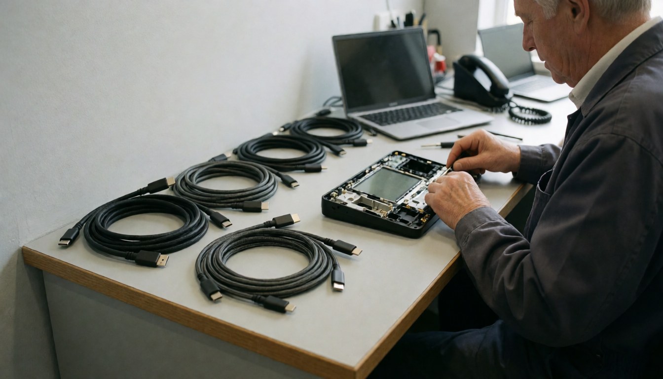 Un technicien répare un appareil électronique démonté sur une table avec des câbles USB-C et micro-USB dans un atelier bien éclairé.