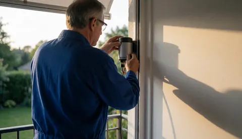 Un technicien installe un moteur de store sur un balcon résidentiel en plein air avec un jardin en arrière-plan.
