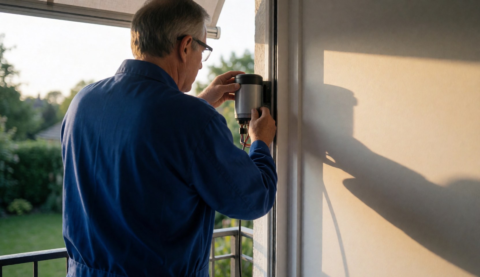Un technicien installe un moteur de store sur un balcon résidentiel en plein air avec un jardin en arrière-plan.