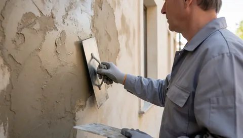 Peintre professionnel appliquant la couche finale d'enduit sur une façade de bâtiment ensoleillée, montrant la technique et l'outil de travail.