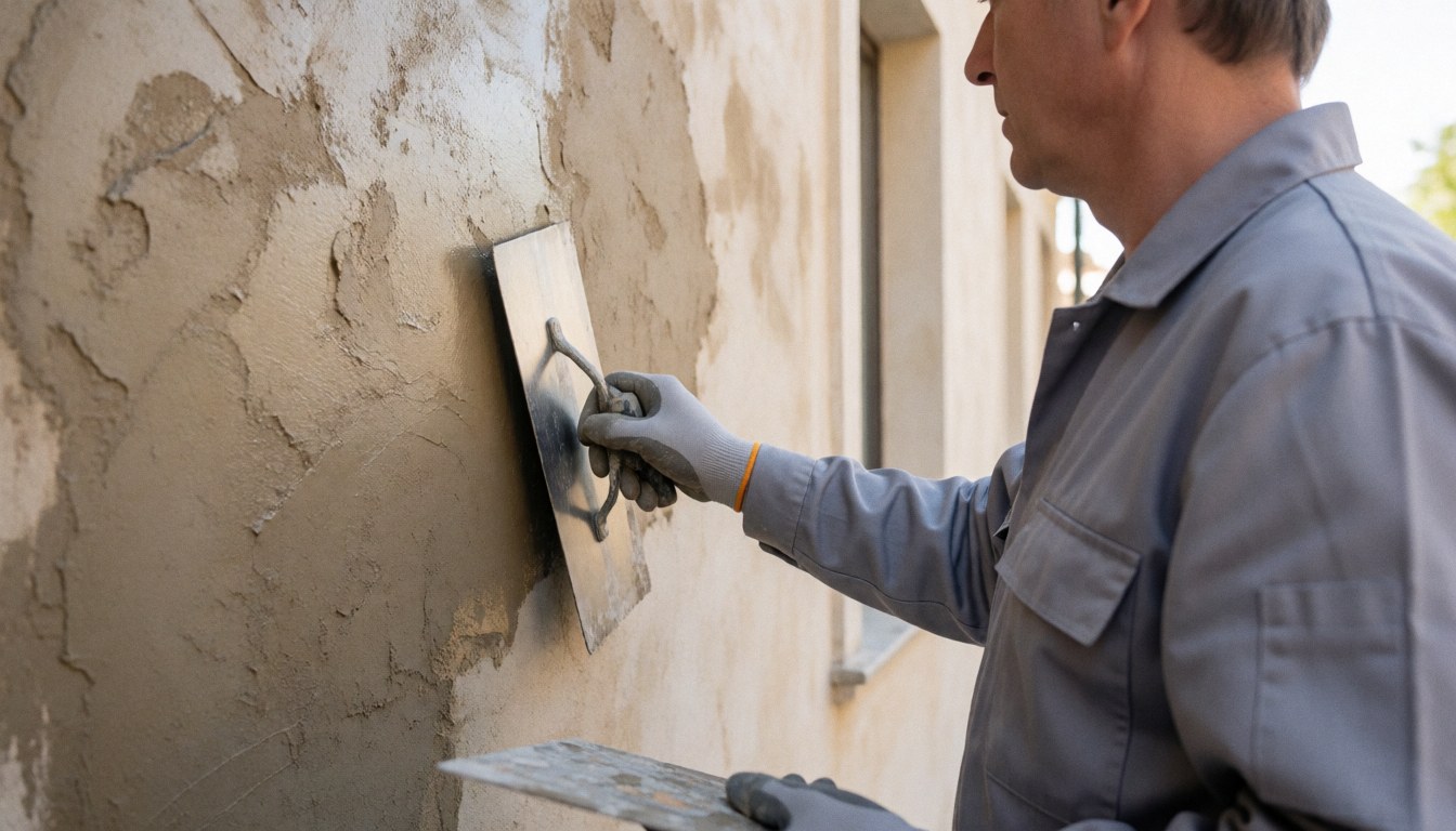 Peintre professionnel appliquant la couche finale d'enduit sur une façade de bâtiment ensoleillée, montrant la technique et l'outil de travail.
