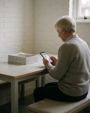 Une personne âgée assise sur un banc utilise son téléphone portable. Des magazines sont posés sur une table devant elle. Le mur en briques blanches et la lumière naturelle créent une ambiance détendue.