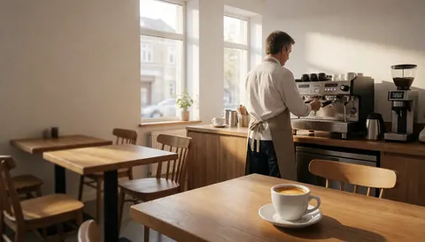 Un barista prépare un espresso dans un café éclairé par la lumière naturelle, avec des tables en bois et une tasse blanche en premier plan.