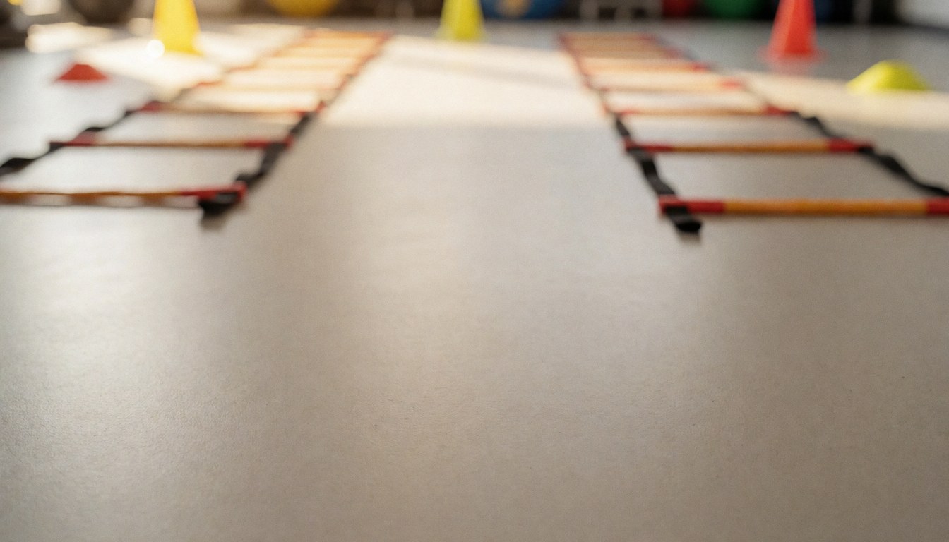 Fond de gymnase avec échelle d'agilité et cônes, idéal pour textes, éclairage chaleureux et sol uni