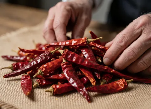 Des mains d'adulte manipulent des piments rouges secs sur une toile de lin avec un éclairage directionnel et un fond en bois flou, idéal pour la photographie de produits alimentaires.