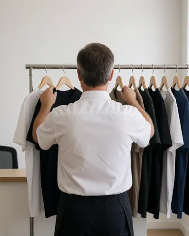 Employé de magasin rangeant des t-shirts sur une étagère métallique dans un environnement lumineux à murs blancs, scène de vente de vêtements.