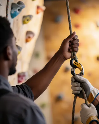 Instructeur et client sur un mur d'escalade, mains tenant corde et dispositif de blocage, éclairage chaud en intérieur.