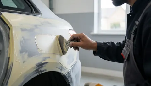 Un technicien applique du mastic et de la peinture sur une voiture dans un atelier aux murs gris avec lumière naturelle.