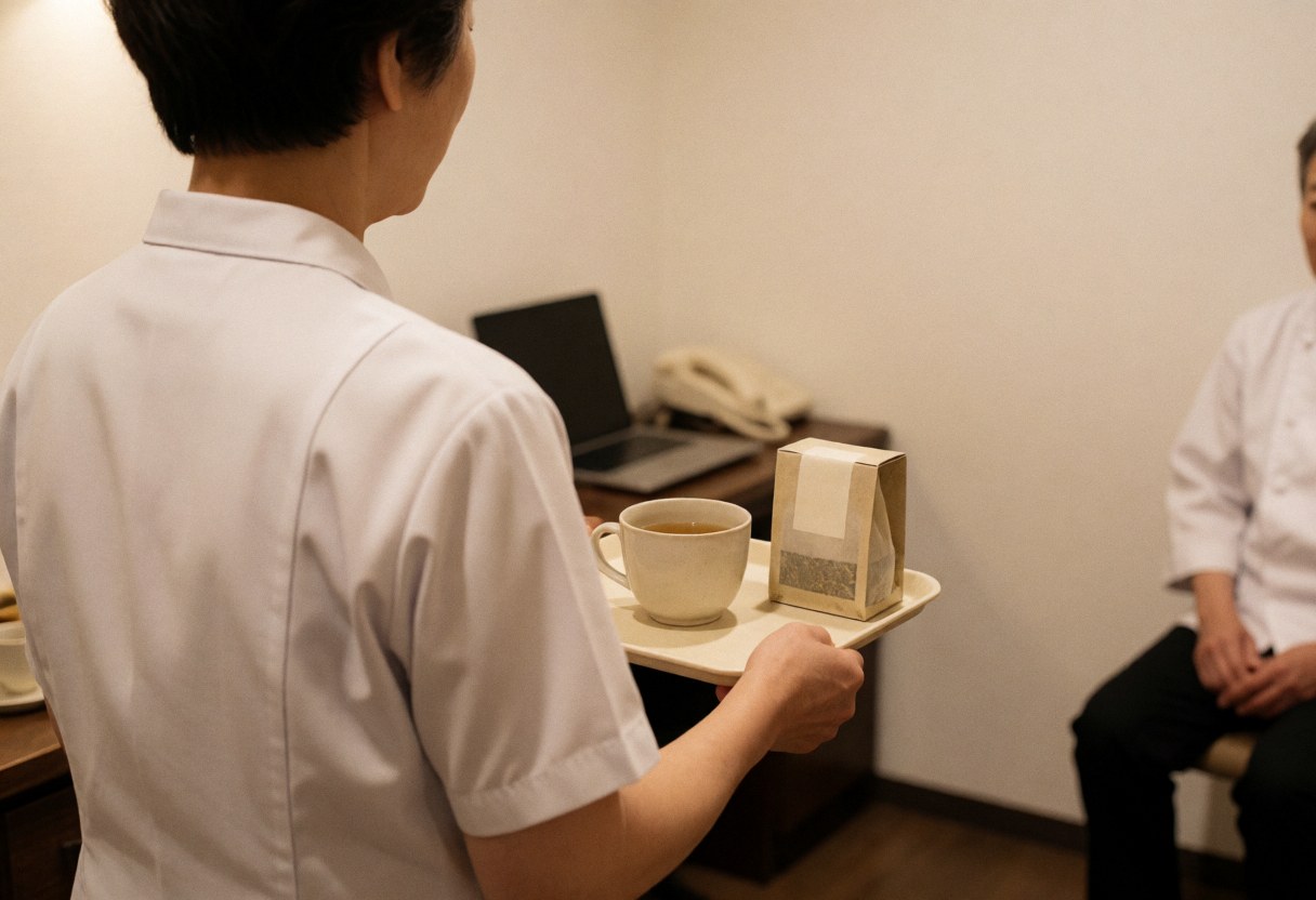 Un professionnel de santé sert du thé à un client dans un cabinet propre et accueillant, avec une boîte et une tasse de thé visibles.