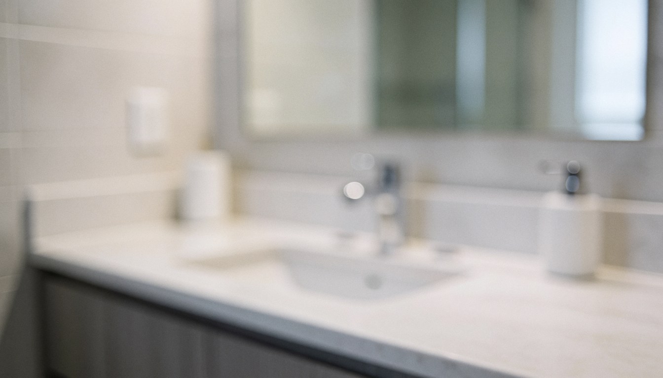 Arrière-plan de salle de bain professionnelle avec plan de travail blanc, miroir et carreaux gris, idéal pour textes commerciaux