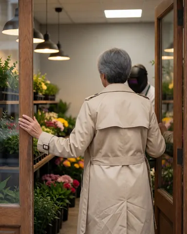 Vue arrière d'une cliente pénétrant dans une boutique de fleurs aux murs gris et à la porte en bois, entourée de fleurs colorées et de suspensions lumineuses.