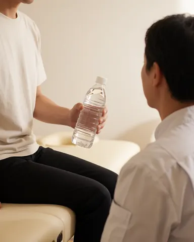 Cliente assise sur la table de massage recevant une bouteille d'eau des mains d'un professionnel dans un espace calme et lumineux.