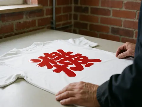 Des mains ajustent un t-shirt blanc orné d'un motif graphique rouge sur une surface de travail propre, avec un mur de briques en arrière-plan, idéal pour la vente de textiles imprimés.