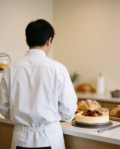 Boulanger en uniforme blanc de dos examine un gâteau au fromage aux fruits dans un local avec des murs beiges et du pain en arrière-plan.